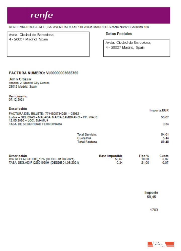 Spain Renfe utility bill template in Word and PDF format
